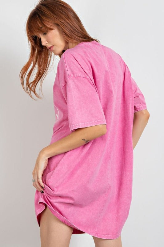 Easel Mineral Wash Smiley Cotton Dress - Pink