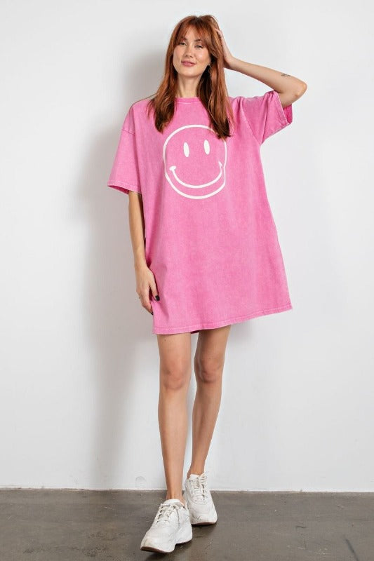 Easel Mineral Wash Smiley Cotton Dress - Pink