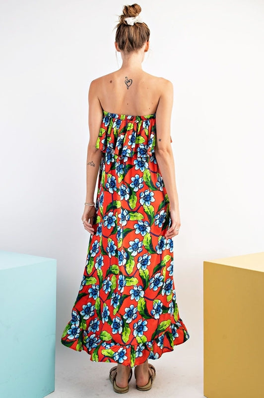 *SUMMER SALE Easel Floral Hi Low Strapless Dress - Red