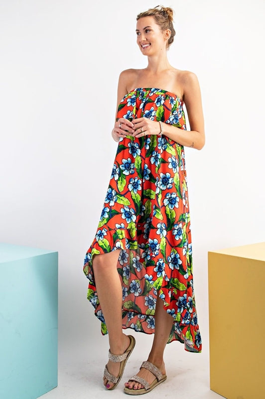 *SUMMER SALE Easel Floral Hi Low Strapless Dress - Red