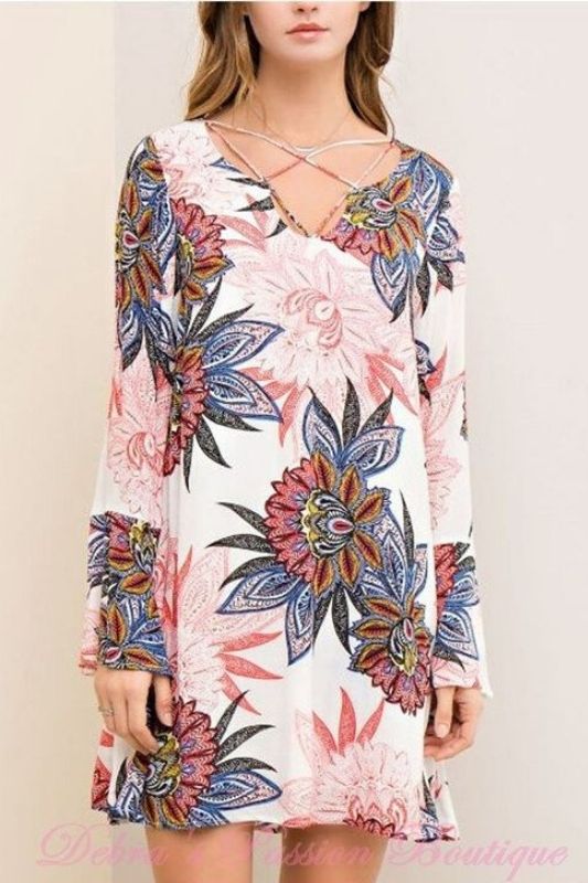 Entro Floral Bell Sleeve Shift Dress with Strappy Neckline