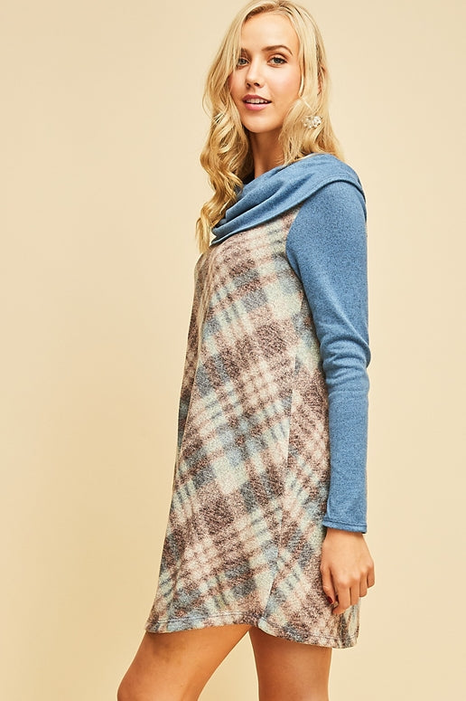 Entro Plaid Cowl Neck Dress - Blue Combo