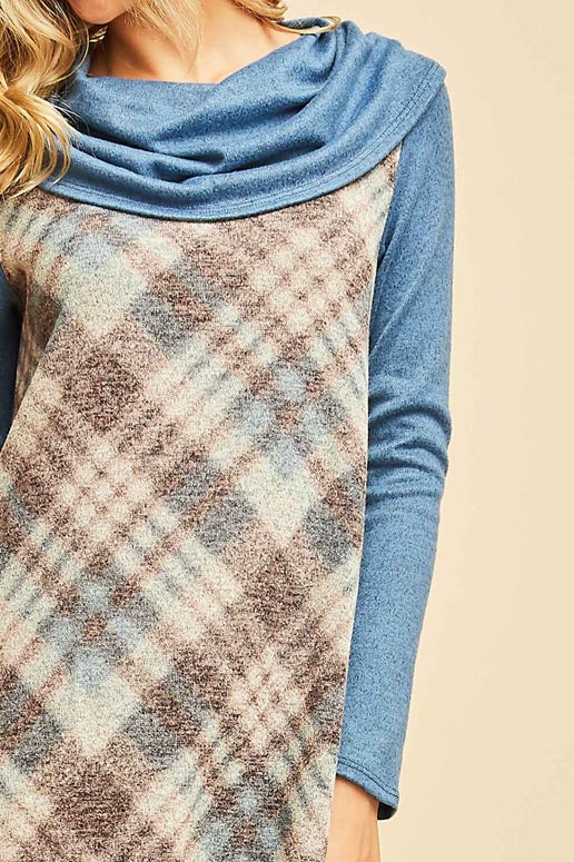 Entro Plaid Cowl Neck Dress - Blue Combo