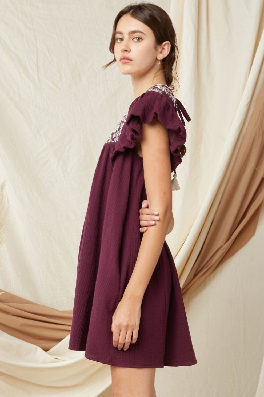 Entro Embroidered Babydoll Dress with Pockets - Grape