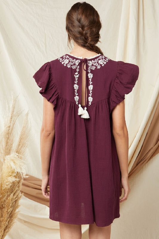 Entro Embroidered Babydoll Dress with Pockets - Grape