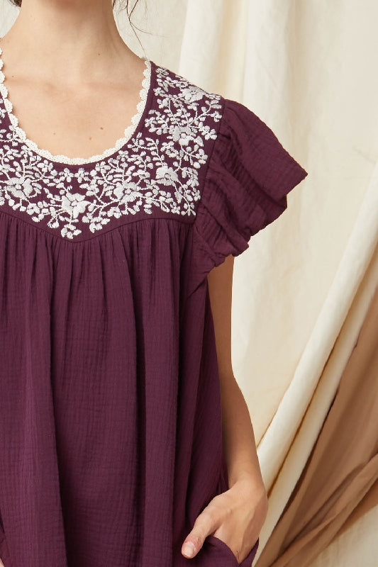 Entro Embroidered Babydoll Dress with Pockets - Grape