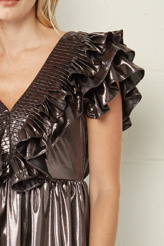 Bronze Metallic Ruffle Babydoll Mini Dress
