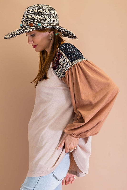 Easel Bubble Sleeve Top - Khaki