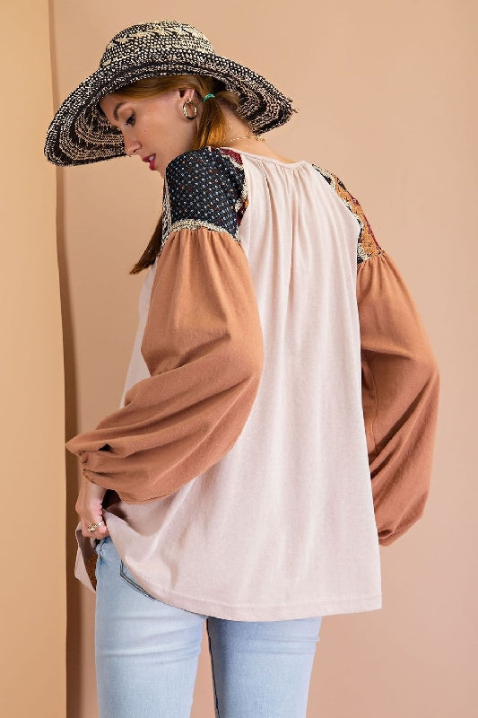Easel Bubble Sleeve Top - Khaki