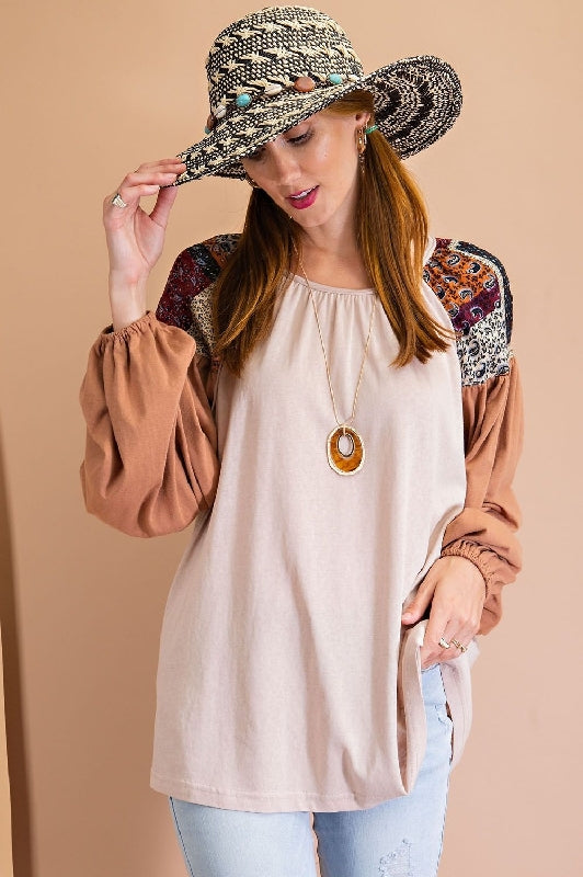 Easel Bubble Sleeve Top - Khaki