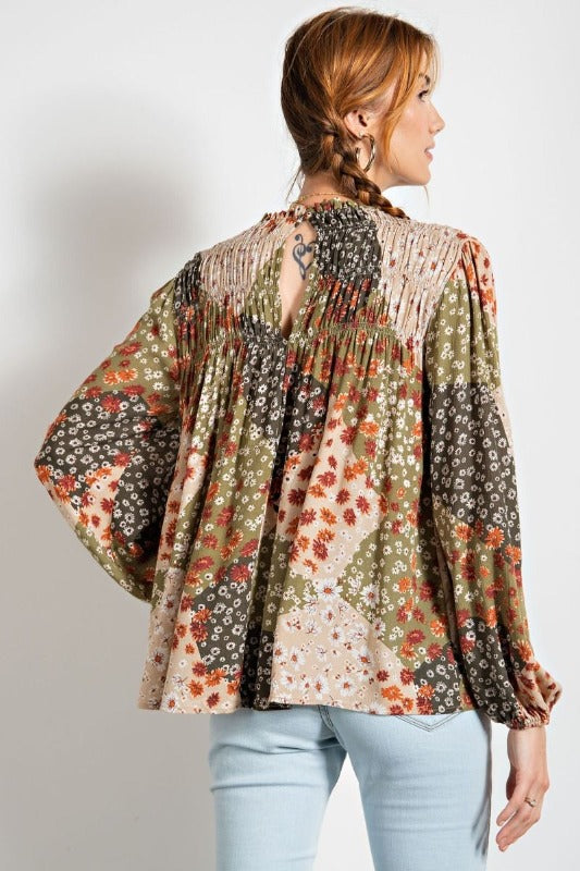 Easel Patchwork Smocked Bubble Sleeve Top - Olive Green