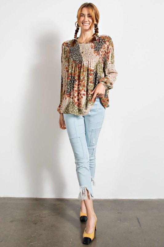 Easel Patchwork Smocked Bubble Sleeve Top - Olive Green