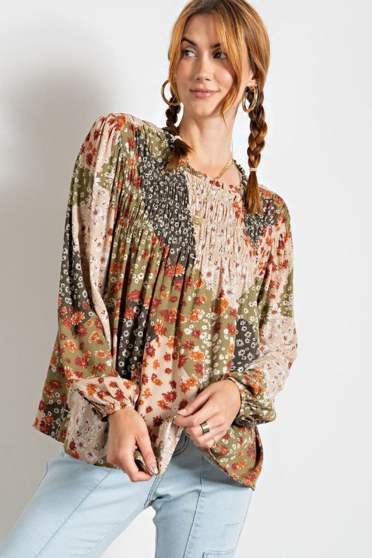 Easel Patchwork Smocked Bubble Sleeve Top - Olive Green