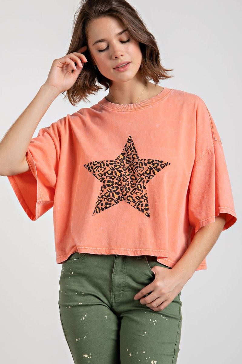 Easel Mineral Wash Animal Print Star Top - Orange Coral