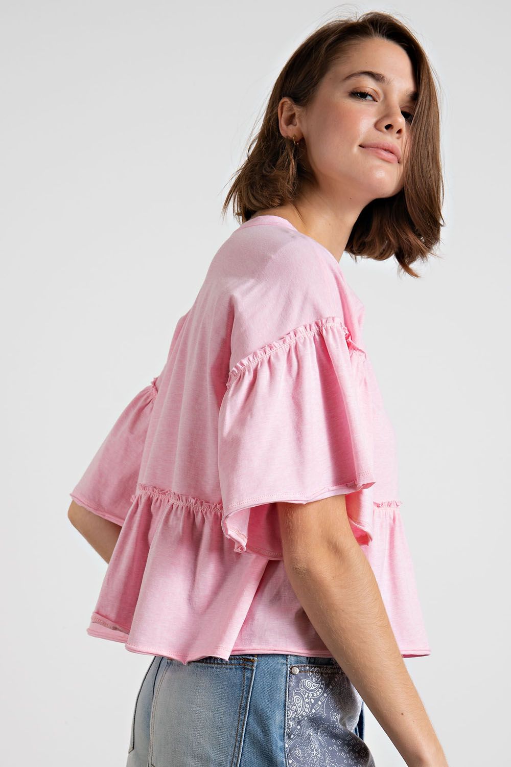 Easel Candee Ruffle Short Babydoll Top - Wash Pale Pink