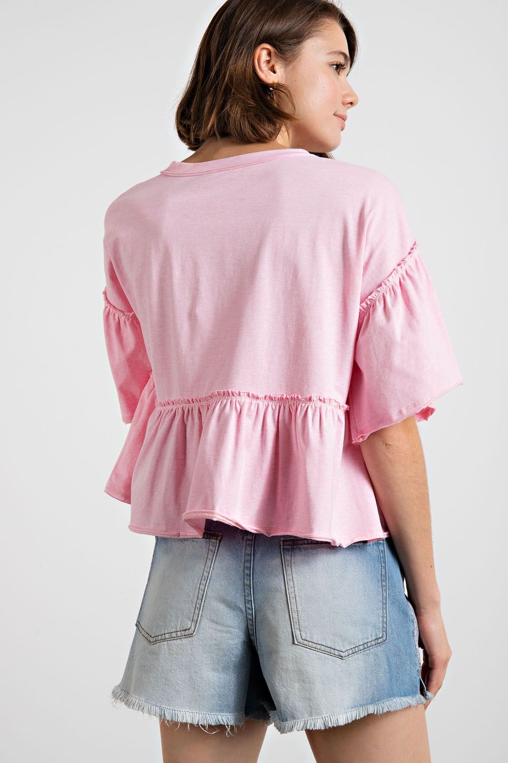 Easel Candee Ruffle Short Babydoll Top - Wash Pale Pink