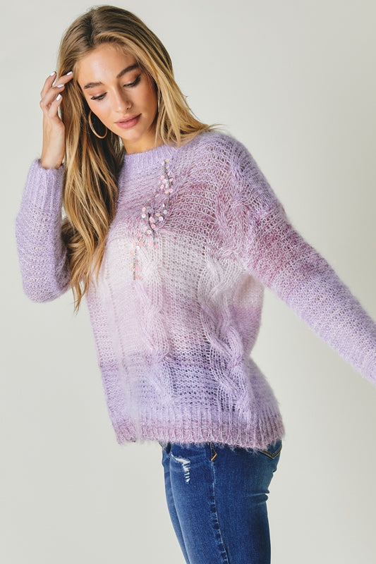 Davi & Dani Cable Knit Sequin Sweater Top - Lilac Multi
