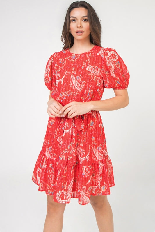Paisley Swirl Print Pleat Illusion Dress - Red