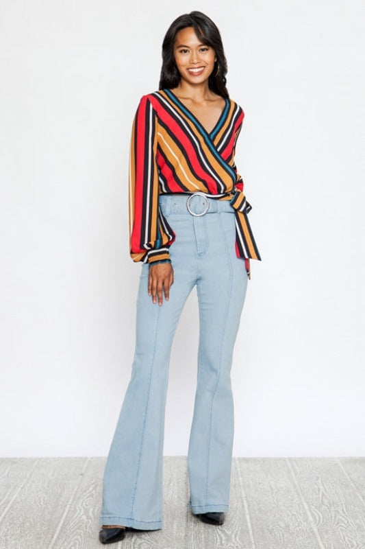 Flying Tomato Striped Wrap Crop Blouse