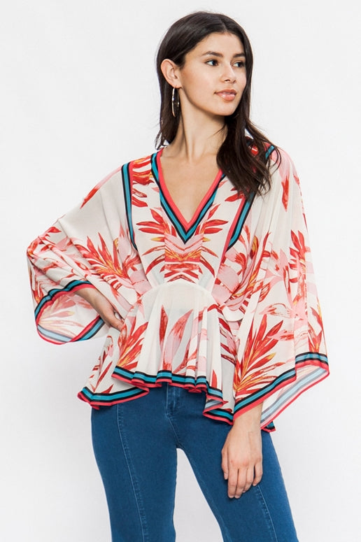 Flying Tomato Tropical Print Kimono Blouse - Red