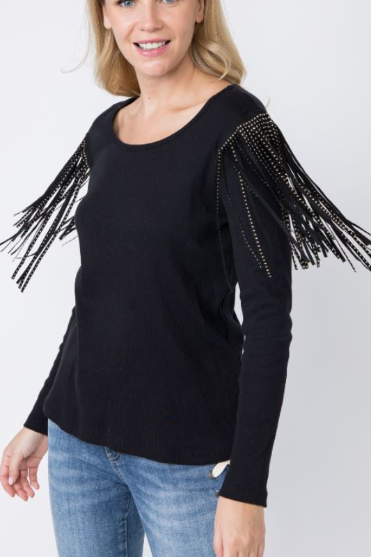 Vocal Shoulder Studded Fringe Long Sleeve Top - Black