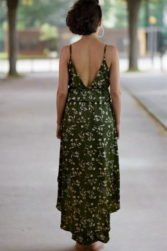 L Love Hi Lo Maxi Plunge V Peplum Dress - Olive Green