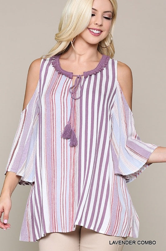 Striped Cold Shoulder Top - Lavender Combo