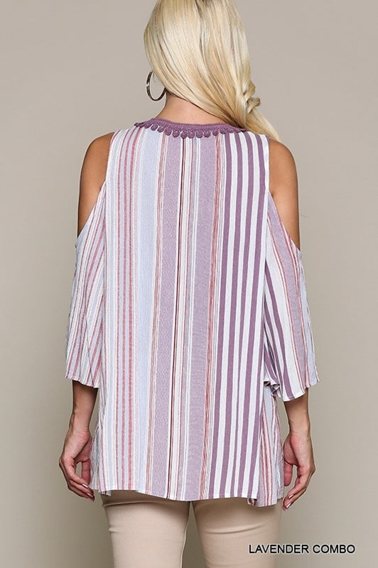 Gigio Lavender Stripe Cold Shoulder Tassel Tunic Top