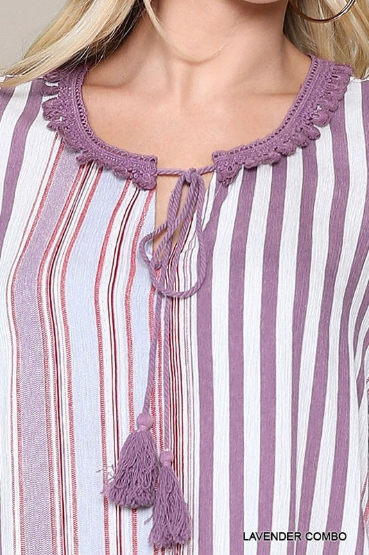 Gigio Lavender Stripe Cold Shoulder Tassel Tunic Top
