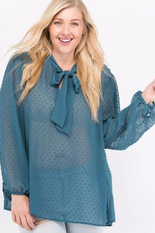 Janette Plus Bow Tie Swiss Dot Blouse - Teal