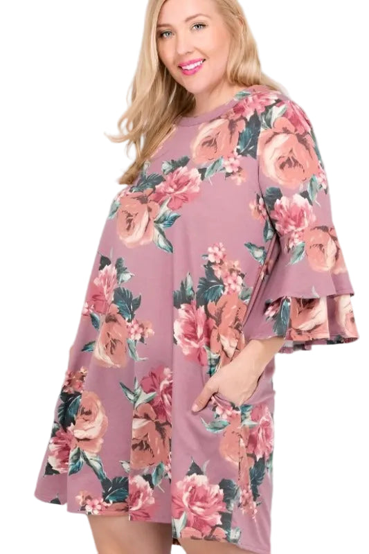 Easy French Terry Floral Print Dress - Dusty Rose