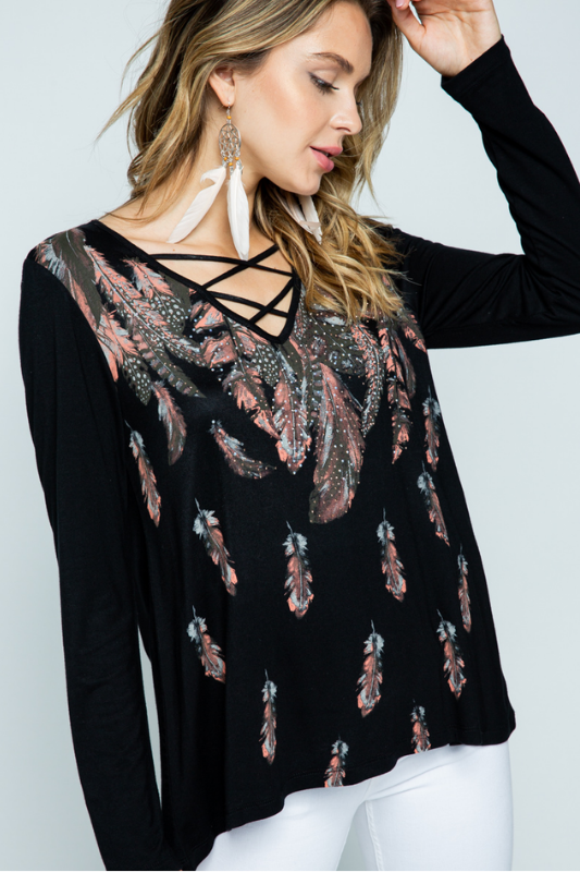 Vocal Criss Cross Feathers Top - Black