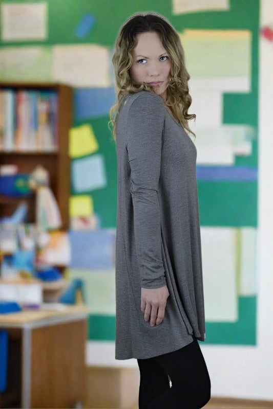 Jodifl Long Sleeve Basic Wide Hem Dress - Charcoal