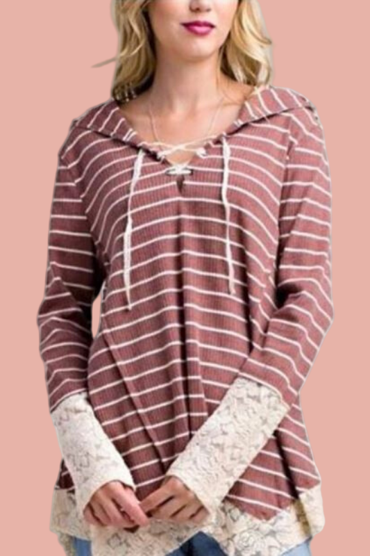 Casual Stripe Hoodie & Lace Sleeve - Rust