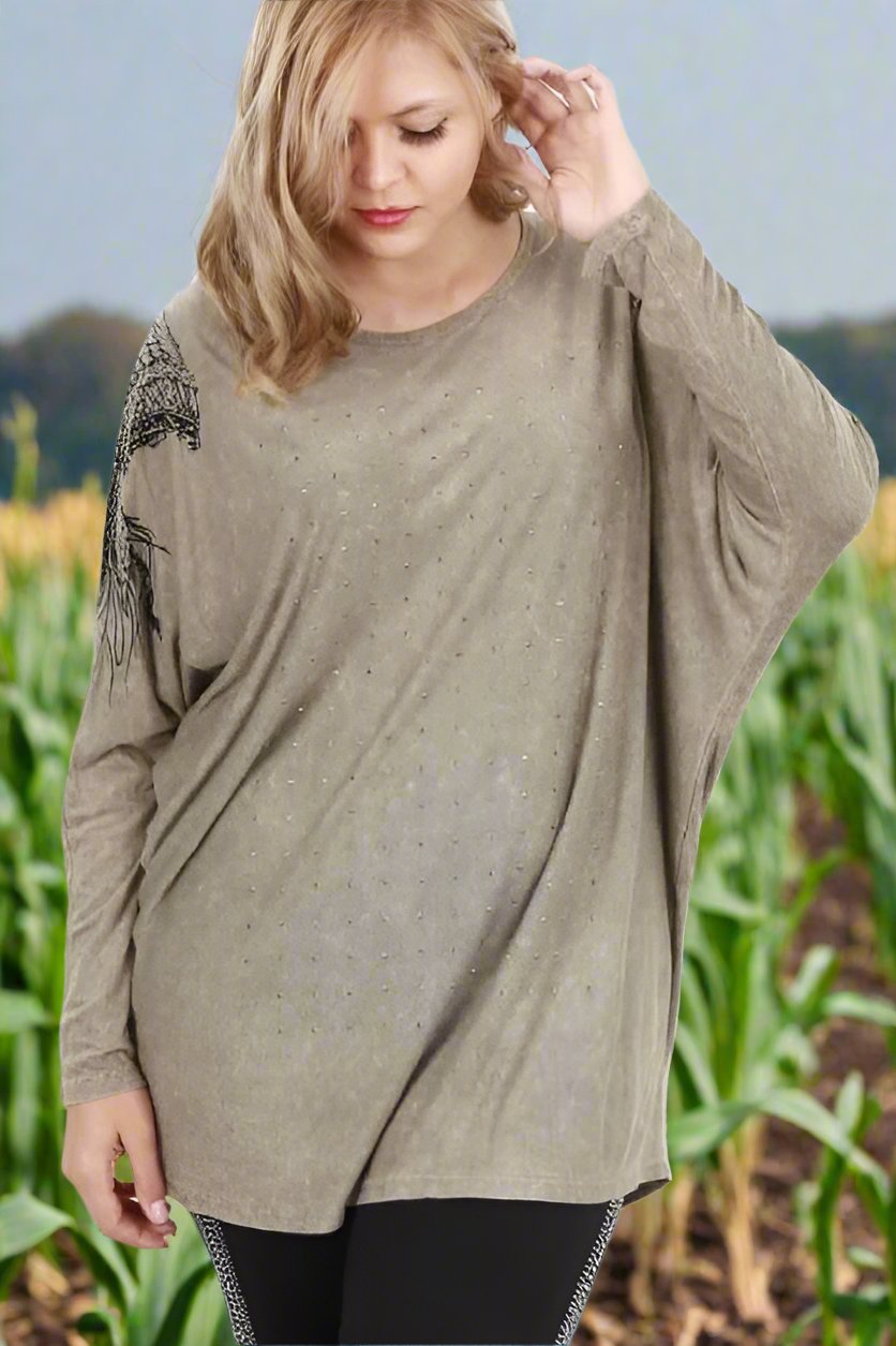 Vocal Plus Size Indian Print & Stones Long Tunic - Olive