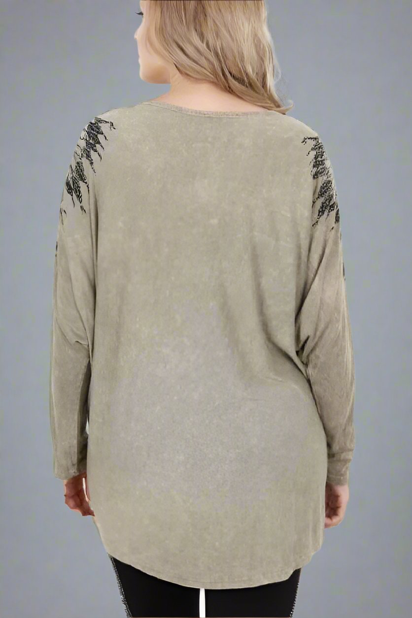 Vocal Plus Size Indian Print & Stones Long Tunic - Olive