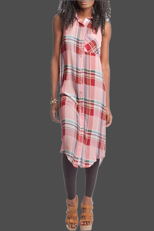 She + Sky Midi Sheer Blouse - Pink Plaid