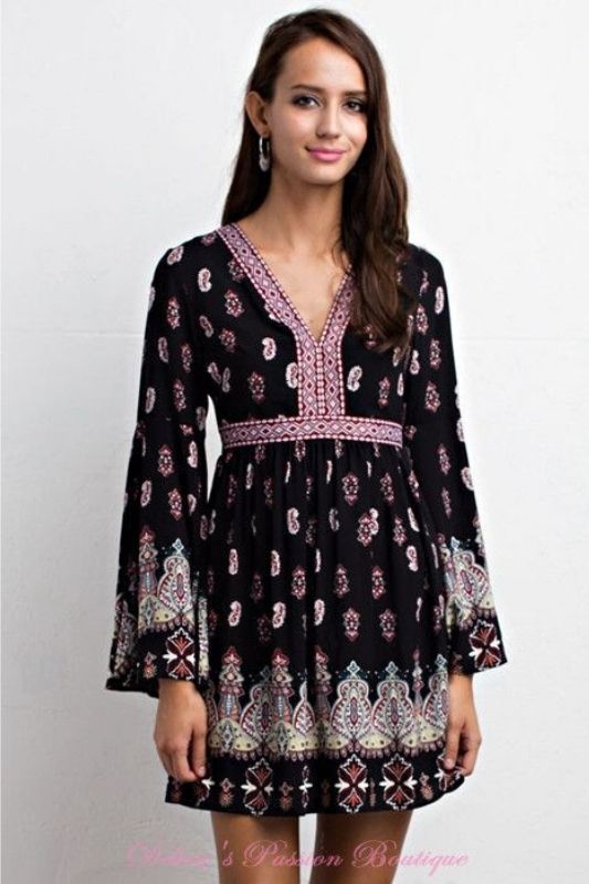 Lunik Paisley Black Bell Sleeve Dress