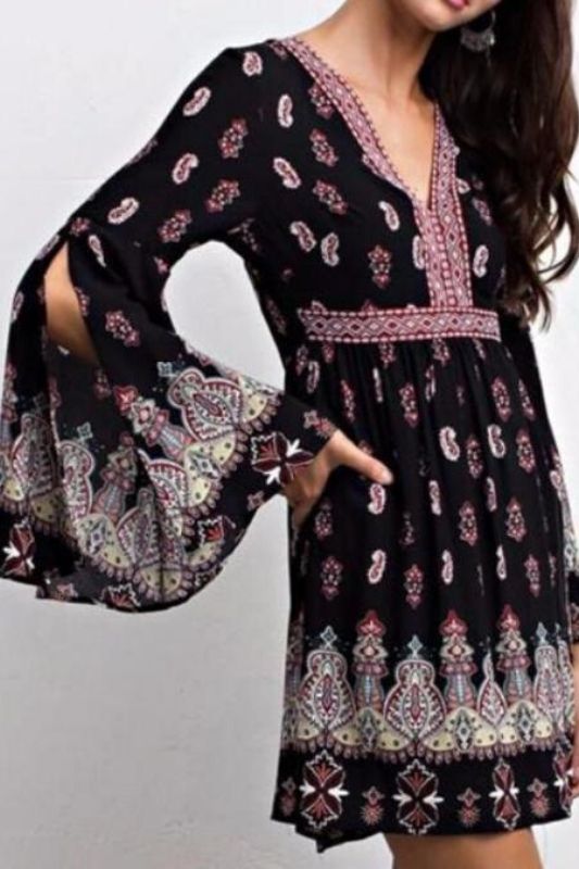 Lunik Paisley Black Bell Sleeve Dress