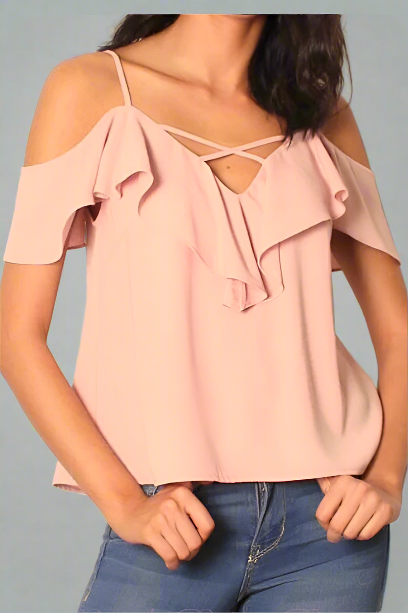 Lunik Cold Shoulder Ruffle Top - Dusty Pink