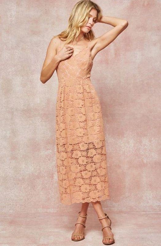 Eleganza Guipure Flower Lace Strappy Midi Dress - Mauve