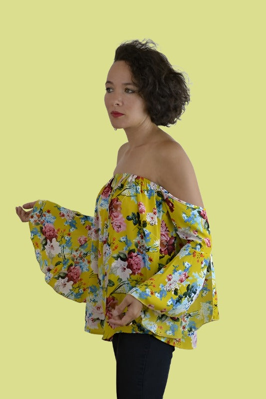 Floral Off Shoulder Blouse - Mustard Yellow