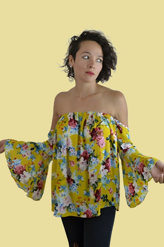 Floral Off Shoulder Blouse - Mustard Yellow