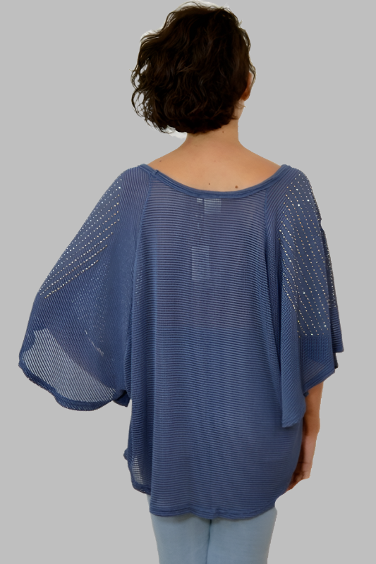 Bianca Angel Sleeve Dolman Heart Rhinestones Top - Denim Blue