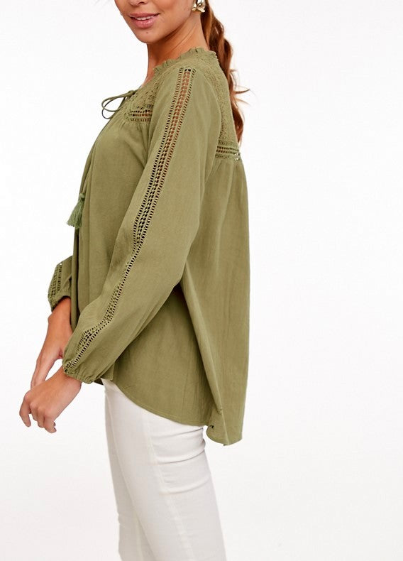 L Love Lace Accent Blouse Top - Olive
