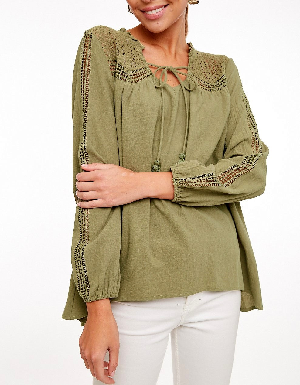 L Love Lace Accent Blouse Top - Olive
