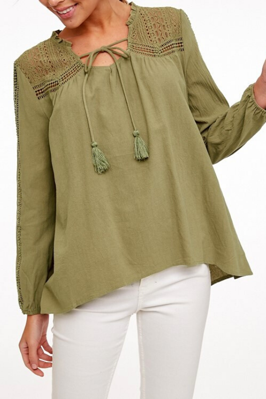 L Love Lace Accent Blouse Top - Olive
