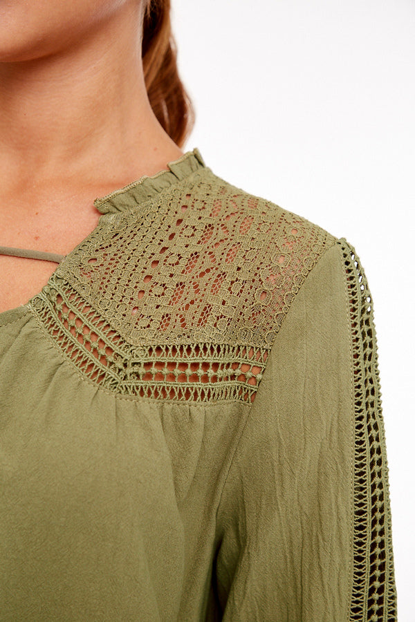 L Love Lace Accent Blouse Top - Olive