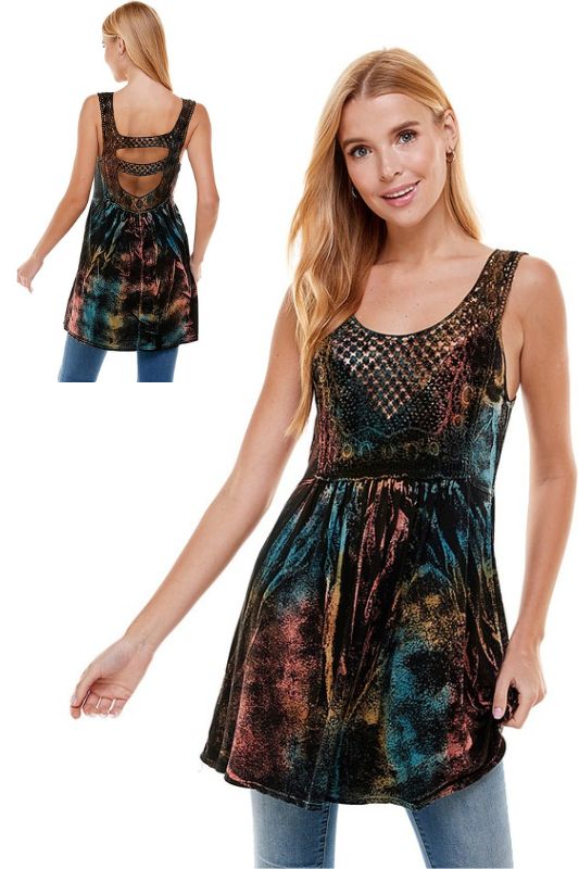 T-Party Crochet Lace Cut Out Back Tunic Top - Black