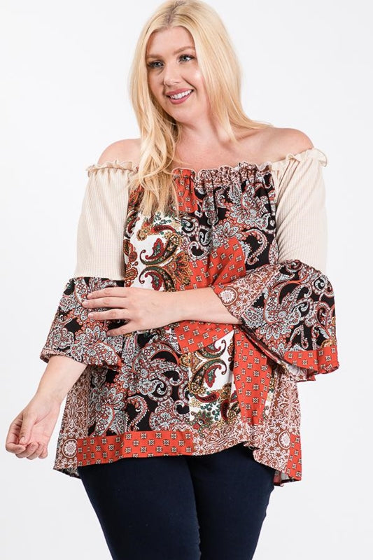 Patchwork Paisely Off Shoulder Plus Top